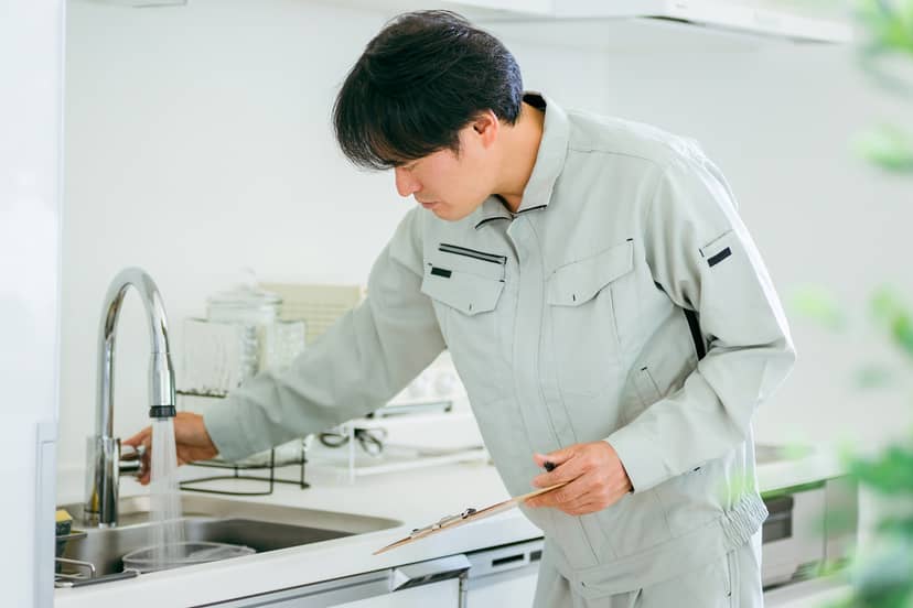 グレーの作業着の男性がキッチンのシンクの前でかがみ、水栓に触れながらバインダーの用紙に記入している写真