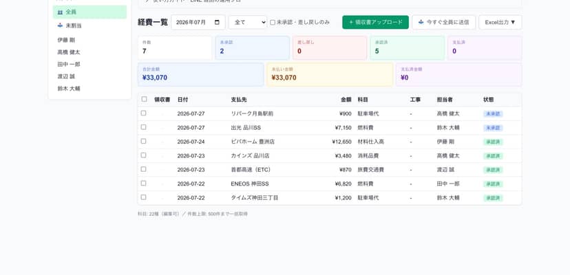経費精算アプリの画面(サイト掲載中の見本画面)