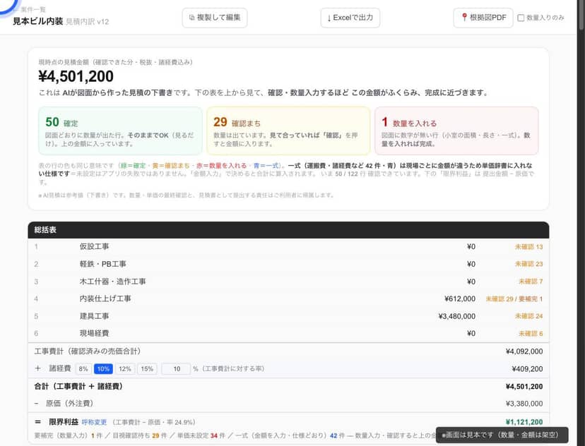 積算AIの見積内訳画面(見本)——工種ごとの金額カードと総括表。数値は架空の見本値