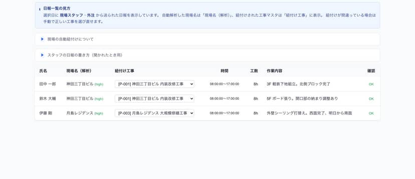 自社で内製した建設日報アプリの実運用画面