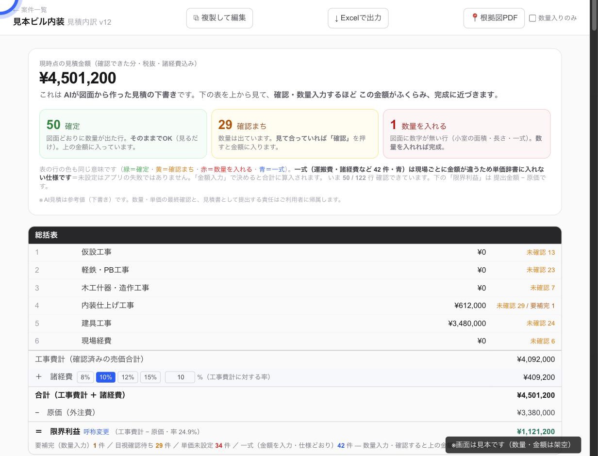 積算AIの見積内訳画面（見本）——工種ごとの金額カードと総括表