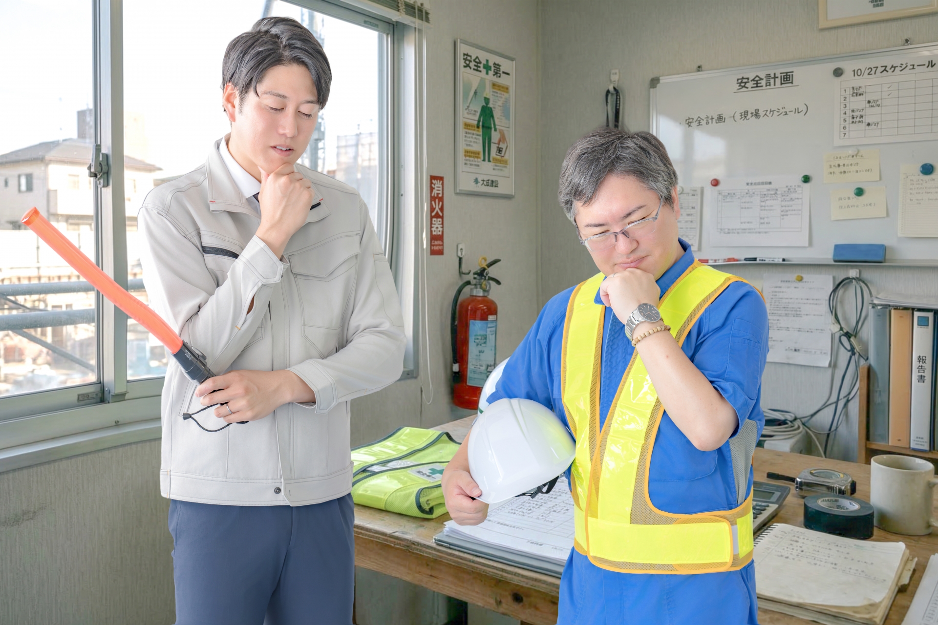 現場事務所の写真。壁に安全計画のボードと消火器、机にヘルメットと工具が置かれ、作業着の男性と青い作業着に黄色いベストを重ねた年配の男性が向かい合って考えている